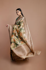 Beige Handwoven floral printed Tussar silk Banarasi