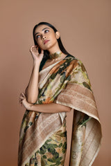 Beige Handwoven floral printed Tussar silk Banarasi
