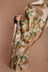 Beige Handwoven floral printed Tussar silk Banarasi