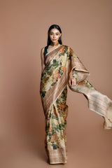 Beige Handwoven floral printed Tussar silk Banarasi