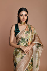 Beige Handwoven floral printed Tussar silk Banarasi