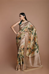 Beige Handwoven floral printed Tussar silk Banarasi