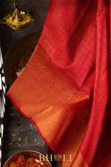 bridal handwoven red checkered pure silk kanjivaram