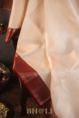 classic ivory and red color kai korvai pure silk kanjivaram