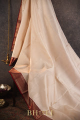 classic ivory and red color kai korvai pure silk kanjivaram