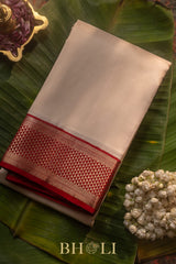 classic ivory and red color kai korvai pure silk kanjivaram