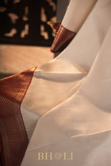 classic ivory and red color kai korvai pure silk kanjivaram