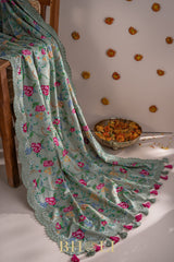 embroidered tussar georgette sage green saree