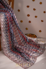 floral printed hand-crafted cutdaana and sequin work organza saree