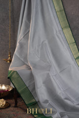 gray and green handwoven pure mulberry silk korvai kanjivaram