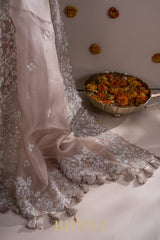 hand embroidered sequin and cutdaana work on beige organza silk saree