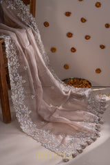 hand embroidered sequin and cutdaana work on beige organza silk saree