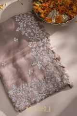 hand embroidered sequin and cutdaana work on beige organza silk saree
