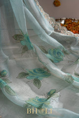 hand painted crushed organza hand embroidered saree