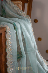 hand painted crushed organza hand embroidered saree