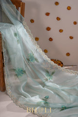 hand painted crushed organza hand embroidered saree
