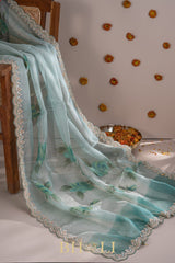 hand painted crushed organza hand embroidered saree
