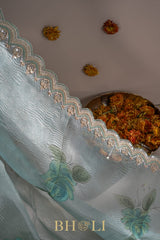 hand painted crushed organza hand embroidered saree