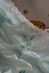 hand painted crushed organza hand embroidered saree