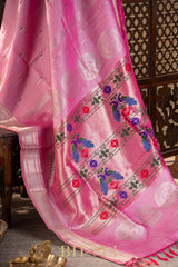 handwoven meenakari peacock pink silk by silk gadwal