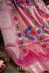 handwoven meenakari peacock pink silk by silk gadwal