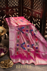handwoven meenakari peacock pink silk by silk gadwal