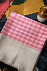 handwoven minimal silver zari korvai checkered pattern kanjivaram