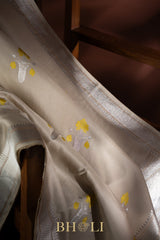 handwoven pure katan silk yellow meenakari kaduwa taupe banarasi