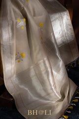 handwoven pure katan silk yellow meenakari kaduwa taupe banarasi