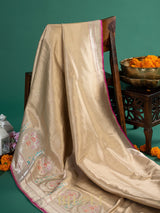 handwoven soft kora brocade gold body with kaduwa meenakari border banarasi