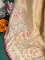 handwoven soft kora brocade gold body with kaduwa meenakari border banarasi