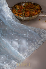 ice blue hand-crafted sequin and cutdaana work organza saree
