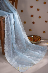 ice blue hand-crafted sequin and cutdaana work organza saree