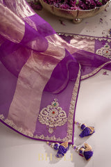 metallic striped hand-crafted zardosi and stone work buta organza saree