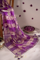 metallic striped hand-crafted zardosi and stone work buta organza saree