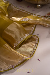 metallic striped moss yellow hand-crafted zardosi and stone work organza saree