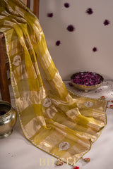 metallic striped moss yellow hand-crafted zardosi and stone work organza saree