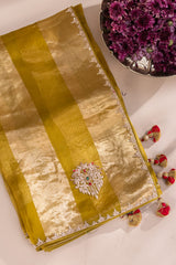 metallic striped moss yellow hand-crafted zardosi and stone work organza saree