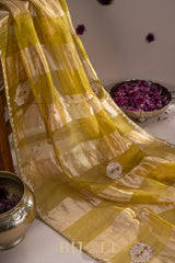 metallic striped moss yellow hand-crafted zardosi and stone work organza saree