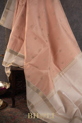 peach and ivory pure zari kai korvai silk kanjivaram
