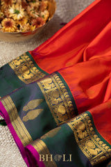 peacock green and orange kuttu silk gadwal