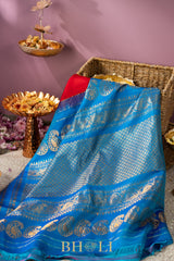 red and cerulean blue gadwal silk by silk saree