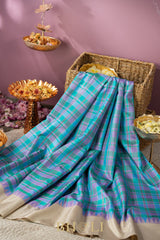 sky blue checkered silk by silk gadwal