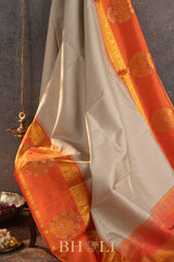 taupe and orange pure zari mulberry silk kai korvai kanjivaram