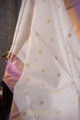 white and lavender pure zari mulberry silk kai korvai kanjivaram