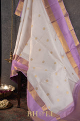 white and lavender pure zari mulberry silk kai korvai kanjivaram