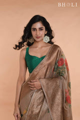 Beige Gray Handwoven floral printed Tussar Banarasi