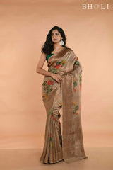 Beige Gray Handwoven floral printed Tussar Banarasi