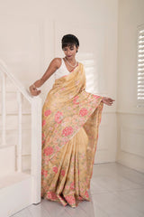 Beige Pure Tussar Silk all over embroidered scalloped Border Saree