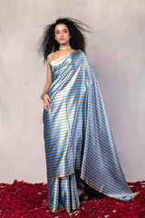 Blue Handwoven Striped Pure Katan Silk Mashru Banarasi Saree